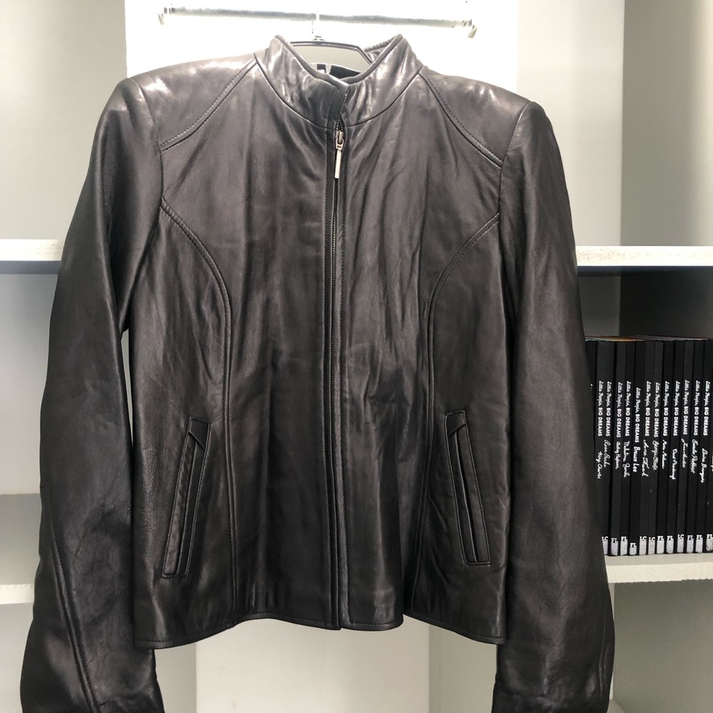 Sz M Women's Black Leather Zip-Front Jacket